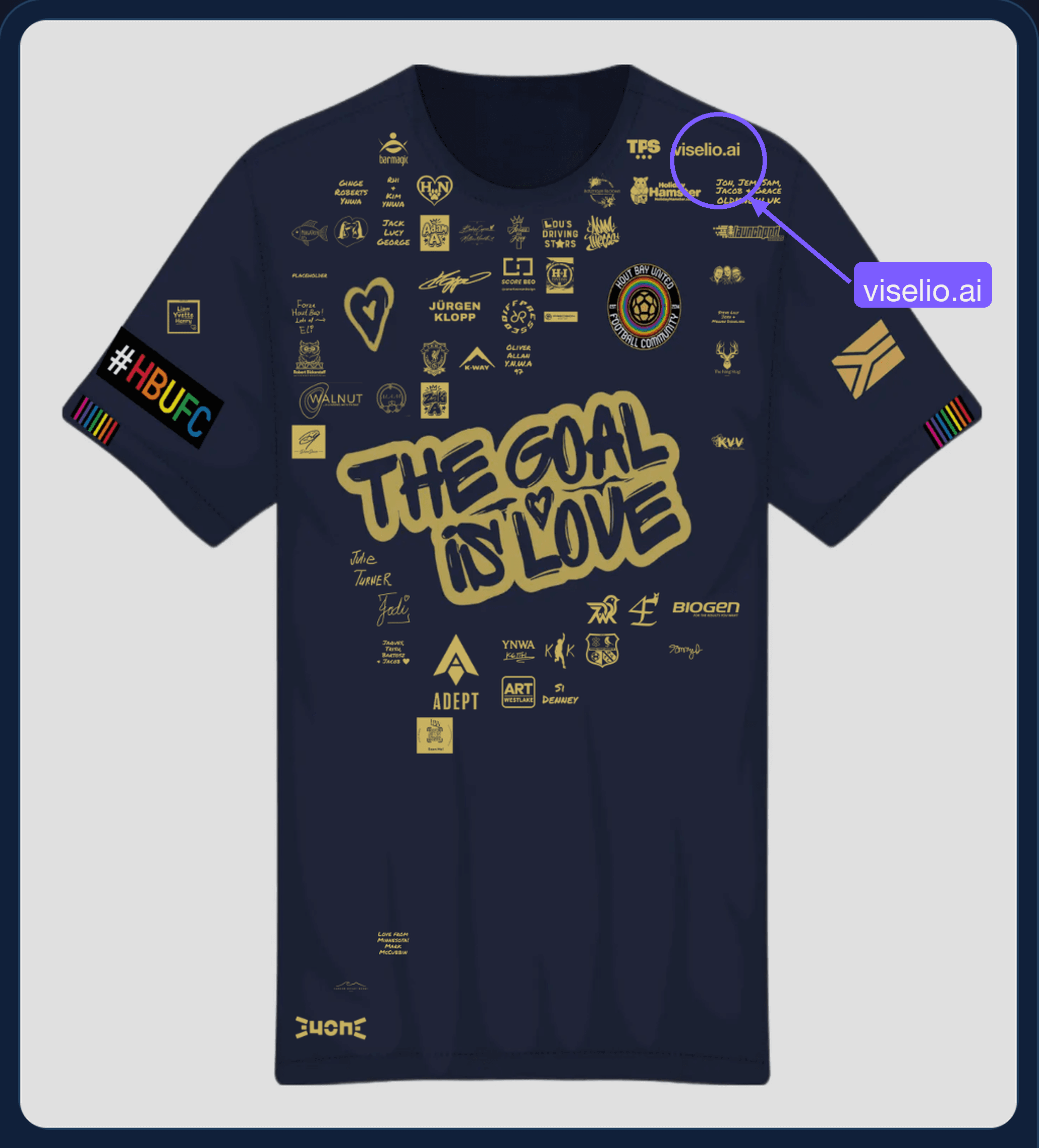 The Hout Bay United FC Legacy shirt, with the viselio.ai square circled on the top-left shoulder